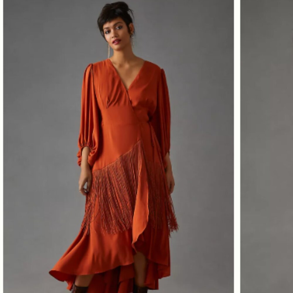 107 NWT Anthropologie Hutch Fringe Wrap Dress in BLACK